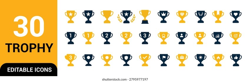 Modern achievement and trophy icon set featuring awards, championships, rankings, recognition, success, leadership, teamwork, and performance achievements in editable vector style.