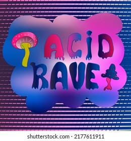 Modern acid rave poster with mushroom and text Hello . In Techno style, stylish print for streetwear,  t-shirts and hoodies. 