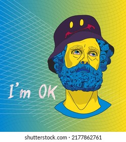 Modern acid rave poster with statue in smile hat, with text I'm ok . In Techno style, stylish print for streetwear,  t-shirts and hoodies. 