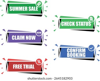 Modern Action Buttons – Sale, Status Check, Free Trial, Claim and Confirm. Bundle Set of Buttons