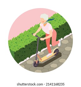 Modern active elderly woman riding scooter 3d isometric icon vector illustration