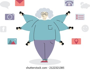 A modern active woman. Multitasking. Everything is done thanks to the phone.