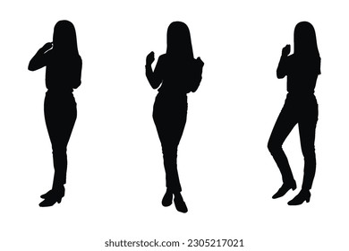 Modern actor silhouette collection with different poses. Girl fashion models and actors posing in different styles. Female anonymous model silhouette set vector on a white background.