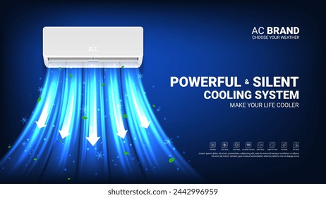 Modern ad banner of air conditioner. Realistic vector illustration with air conditioner with cold fresh air wind wave with leaves. Modern split system climate control for home. Product mockup concept.