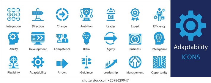 modern adaptability icon set featuring leadership, agility, efficiency, intelligence, business strategy, and growth. Ideal for websites, apps, presentations, and corporate branding.

