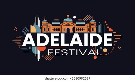 A modern Adelaide Festival logo featuring the city’s iconic landmarks, with a creative, vibrant design symbolizing the fusion of culture, arts, and the city's heritage at the festival