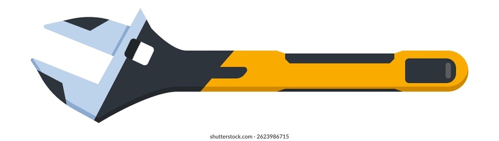 Modern adjustable wrench with ergonomic yellow and black handle lying horizontally isolated on white background, useful tool for plumbers and mechanics