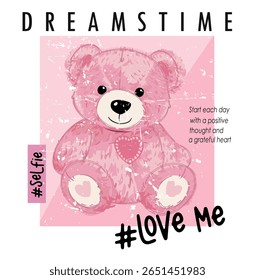 Modern and adorable vector illustration of a pink teddy bear with a heart patch. Perfect for t-shirts, stickers, posters, notebooks and youth designs.