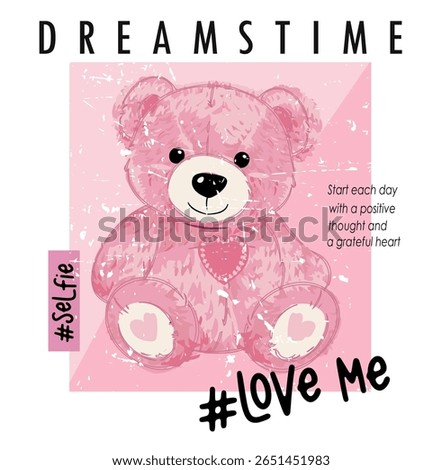 Modern and adorable vector illustration of a pink teddy bear with a heart patch. Perfect for t-shirts, stickers, posters, notebooks and youth designs.
