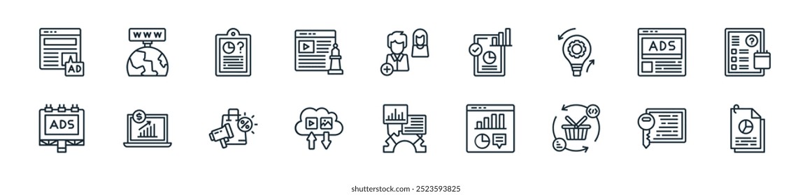 Icon-Paket für moderne Anzeigen. perfekt für lineare ui-Designs mit Vektordokument, Schlagwort, Warenkorb, Diagramm, Analyse, Transferdaten, Werbung und mehr Symbolen für mobile und Web-Apps.