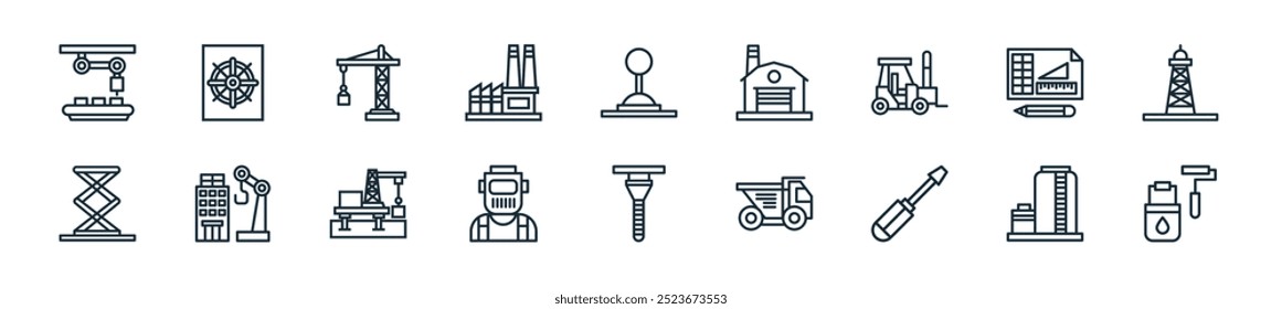 Perfecto para diseños de UI lineales con rodillo de pintura de Vector, tanque, destornillador, camión, taladro, soldador, grúa y más iconos para App móviles y de Web.