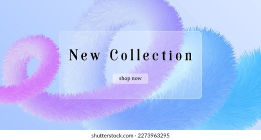 Modern advertising background. Abstract banner layout curve fluffy fur wave, frame glassmorphism style. Vector design