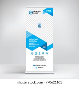 
Modern advertising banner, roll-up, design for placement of photos and text. Stand for conferences and business forums, stylish blue vector background