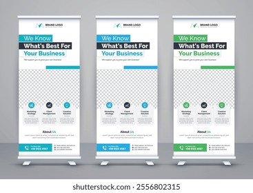 Modern advertising business rollup banner template and stand banner design, corporate roll up banners for marketing. Pull up banner template or x banner signage minimal design.