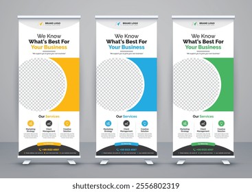 Modern advertising business rollup banner template and stand banner design, corporate roll up banners for marketing. Pull up banner template or x banner signage minimal design.