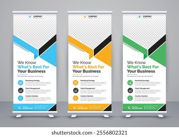 Modern advertising business rollup banner template and stand banner design, corporate roll up banners for marketing. Pull up banner template or x banner signage minimal design.