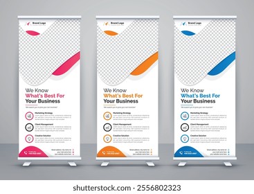 Modern advertising business rollup banner template and stand banner design, corporate roll up banners for marketing. Pull up banner template or x banner signage minimal design.