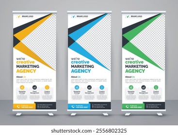 Modern advertising business rollup banner template and stand banner design, corporate roll up banners for marketing. Pull up banner template or x banner signage minimal design.