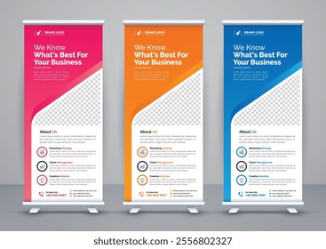 Modern advertising business rollup banner template and stand banner design, corporate roll up banners for marketing. Pull up banner template or x banner signage minimal design.