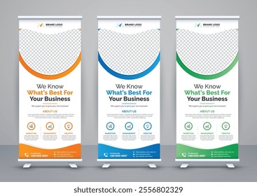 Modern advertising business rollup banner template and stand banner design, corporate roll up banners for marketing. Pull up banner template or x banner signage minimal design.