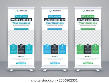 Modern advertising business rollup banner template and stand banner design, corporate roll up banners for marketing. Pull up banner template or x banner signage minimal design.