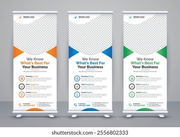 Modern advertising business rollup banner template and stand banner design, corporate roll up banners for marketing. Pull up banner template or x banner signage minimal design.