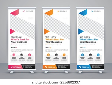 Modern advertising business rollup banner template and stand banner design, corporate roll up banners for marketing. Pull up banner template or x banner signage minimal design.