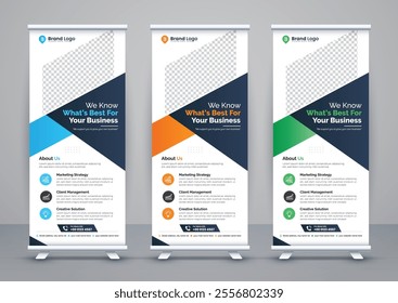 Modern advertising business rollup banner template and stand banner design, corporate roll up banners for marketing. Pull up banner template or x banner signage minimal design.