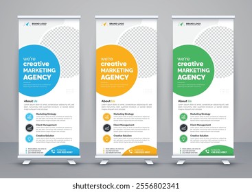 Modern advertising business rollup banner template and stand banner design, corporate roll up banners for marketing. Pull up banner template or x banner signage minimal design.