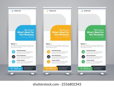 Modern advertising business rollup banner template and stand banner design, corporate roll up banners for marketing. Pull up banner template or x banner signage minimal design.