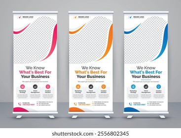 Modern advertising business rollup banner template and stand banner design, corporate roll up banners for marketing. Pull up banner template or x banner signage minimal design.