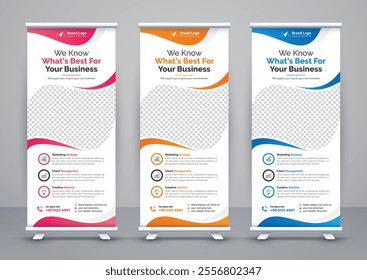 Modern advertising business rollup banner template and stand banner design, corporate roll up banners for marketing. Pull up banner template or x banner signage minimal design.