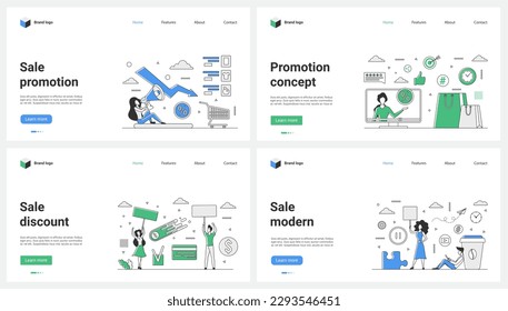Modern advertising and sales for Black Friday, promotion set vector illustration. Cartoon tiny people with megaphone and boards advertise services and brand products, offer discounts in online store