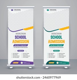 Modern advertising school admission roll up banner template and stand banner design, back to school roll up banner design. business rollup banners for marketing.