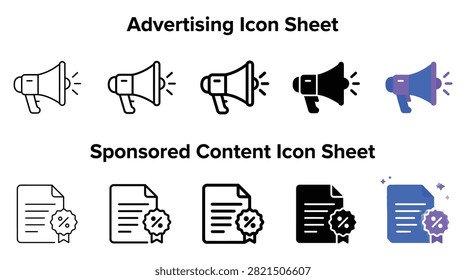 Modern advertising and sponsored content vector icon sheet featuring megaphone symbols and discount document shapes in flat black outline and vibrant purple gradient style graphic design