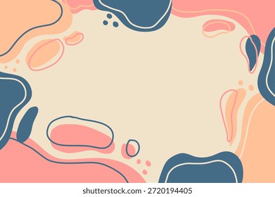 Un fondo estético moderno con Formas orgánicas abstractas y formas fluidas "blob" en una paleta de colores pastel suave. El diseño incluye una mezcla de tonos rosa salmón, azul marino apagado y tonos cálidos de melocotón sobre un fondo de color crema. Los contornos y puntos minimalistas dibujados a mano agregan una textura juguetona y artística a la composición. El área central se mantiene despejada, proporcionando un marco de espacio en blanco funcional perfecto para superposiciones, publicaciones en redes sociales, tarjetas de felicitación o presentaciones creativas. Esta ilustración contemporánea de estilo plano captura las tendencias populares "boho-chic" y "memphis-revival"