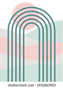 Modern aesthetic background with rainbow in landscape with sun. Abstraction. Wall decor. Boho style. Modern minimalist art print. Vector.