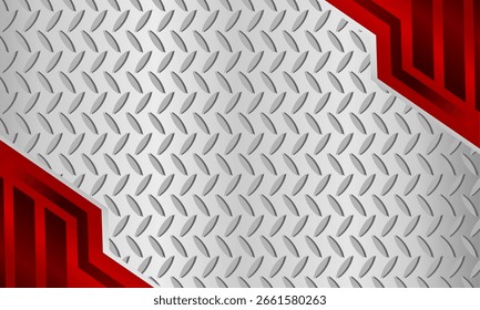 Modern aesthetic design with red corner accents and metallic textured steel background.