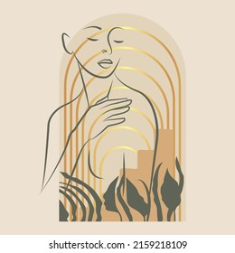 Modern aesthetic illustrations with golden stripes and woman