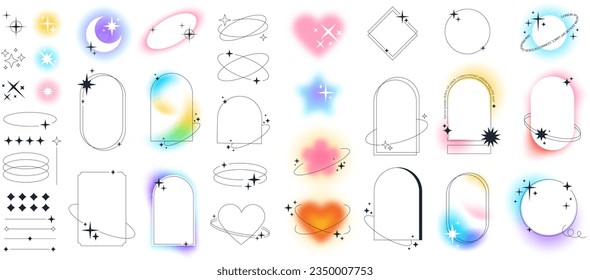 Modern aesthetic line elements, linear frames with blur gradients, blurry flower and heart aura shapes with stars. Minimal arch frame with sparkles, simple y2k style graphic design element vector set