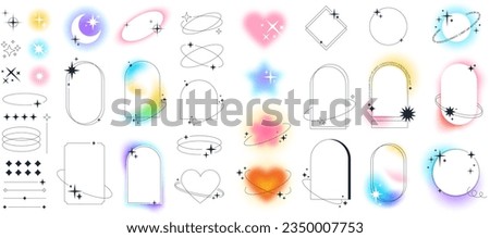 Modern aesthetic line elements, linear frames with blur gradients, blurry flower and heart aura shapes with stars. Minimal arch frame with sparkles, simple y2k style graphic design element vector set