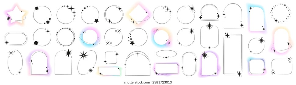 Modern aesthetic line elements. Minimal arch frame with sparkles, design element vector set