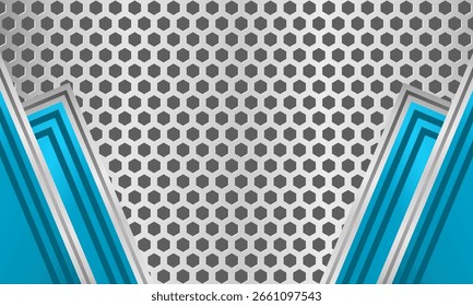 Modern and aesthetic metallic background featuring hexagonal silver pattern and vibrant blue geometric edges
