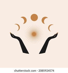 Modern aesthetic minimal illustration with hands and moon phases on pastel background. Hand drawn bohemian vector illustration with mystical symbols