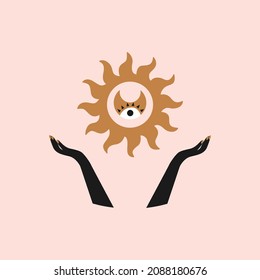 Modern aesthetic minimal illustration with open hands, sun, moon and eye on pastel background. Hand drawn bohemian vector illustration with mystical symbols