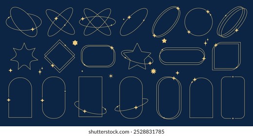 Arco linear minimalista estético moderno com diferentes formas geométricas. Quadros lineares da moda com estrelas, geométricos. Conjunto de elementos de linha. Arquear quadro com faíscas para mídias sociais ou design de pôster.