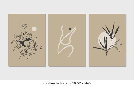 Modern Aesthetic Posters With Florals Prints And Abstract Minimalist Illustration. Great For Interior Decor, Wall Art, Tote Bag, T-shirt Print.