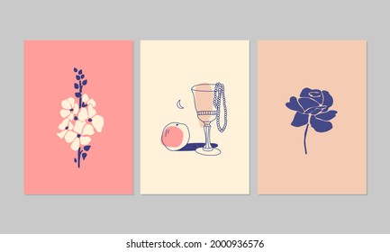 Modern aesthetic posters or greeting cards. Set of summer illustrations. Can be used for interior decor, wall art, tote bag, t-shirt print.