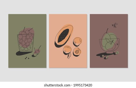 Modern aesthetic posters with hand drawn black ink drawings. Set of summer illustrations. Can be used for interior decor, wall art, tote bag, t-shirt print.