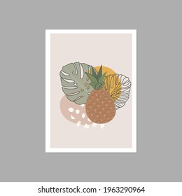Modern aesthetic posters  in pastel colors with pineapple and abstract modern leaf.  Vector design for posters, wall framed prints, logo, greeting cards, packaging and more